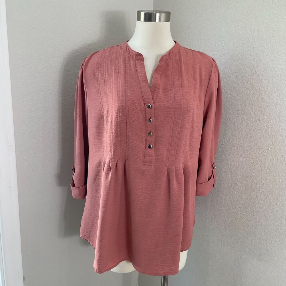 Cocomo Woman Plus 1X Rose Pink Blouse With Button Detail Pintuck Design Shirt